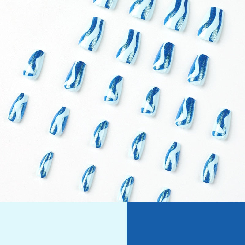 Blue Glitter Powder Waves Design Wearable Nail Art Glossy Fake Nails Short Ballet Finished False Nails Press on Nails with Glue