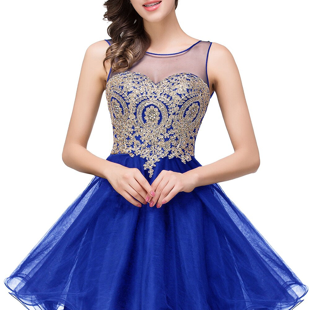 Lovely Short Homecoming Gowns Straps V Neck Cocktail Dresses Floral Open Back Sleeveless Wedding Party Gowns Mini Prom Dress Tulle Royal blue