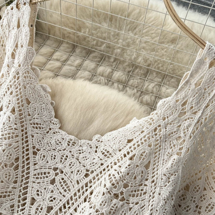 Loose Knit Long Dress Women V Neck Solid Hollow Out Design Retro Fashion Ladies Y2K Casual Summer Beach Dresses