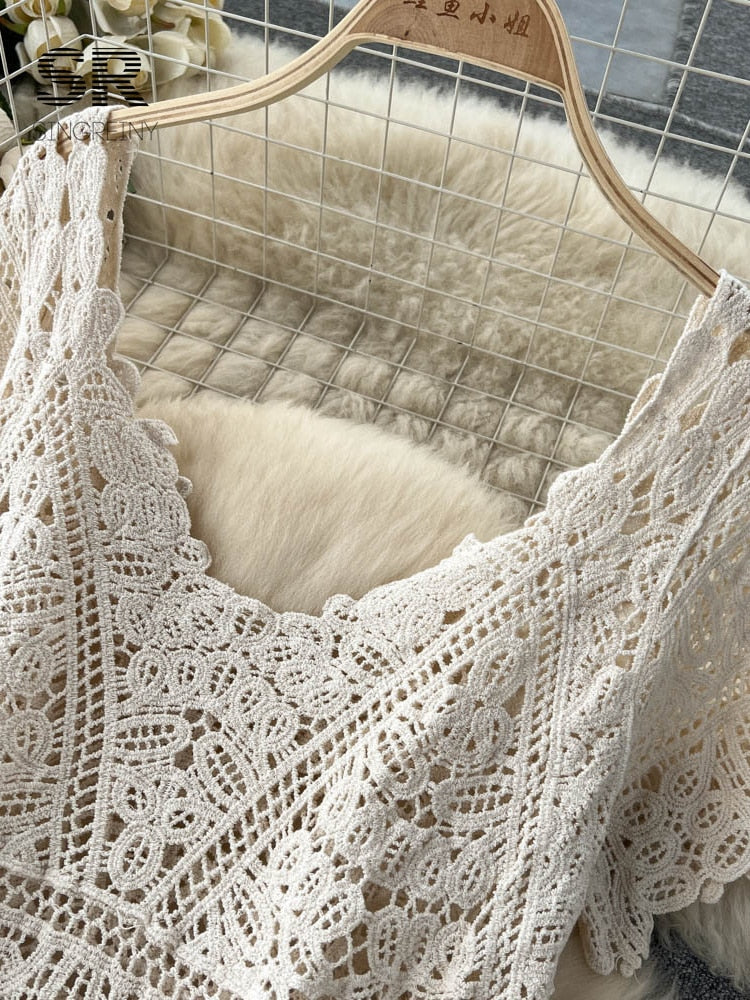 Loose Knit Long Dress Women V Neck Solid Hollow Out Design Retro Fashion Ladies Y2K Casual Summer Beach Dresses