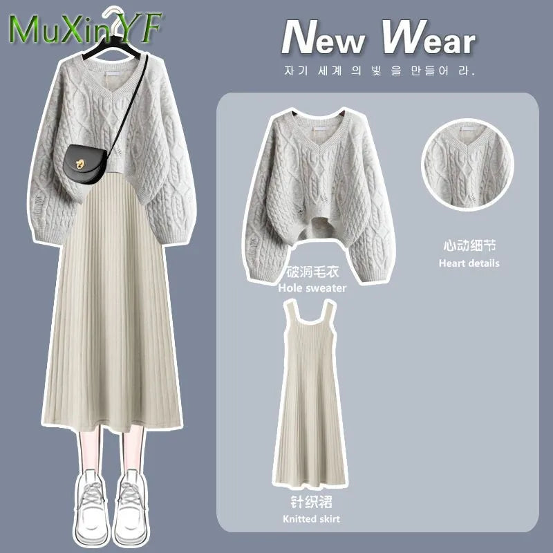 Women's Autumn Winter New Fashion V-Neck Sweater Knitted Dress Two Piece Korean Elegant Top Skirt Matching Set Female Suit