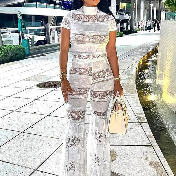 Fall Two Piece Sets Outfits Women Short Sleeve Lace Mesh Tops High Waist Pants Suits Autumn Party Club Matching Sets White