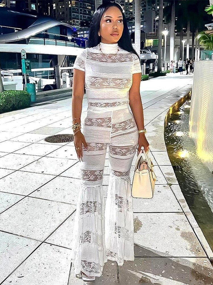 Fall Two Piece Sets Outfits Women Short Sleeve Lace Mesh Tops High Waist Pants Suits Autumn Party Club Matching Sets White