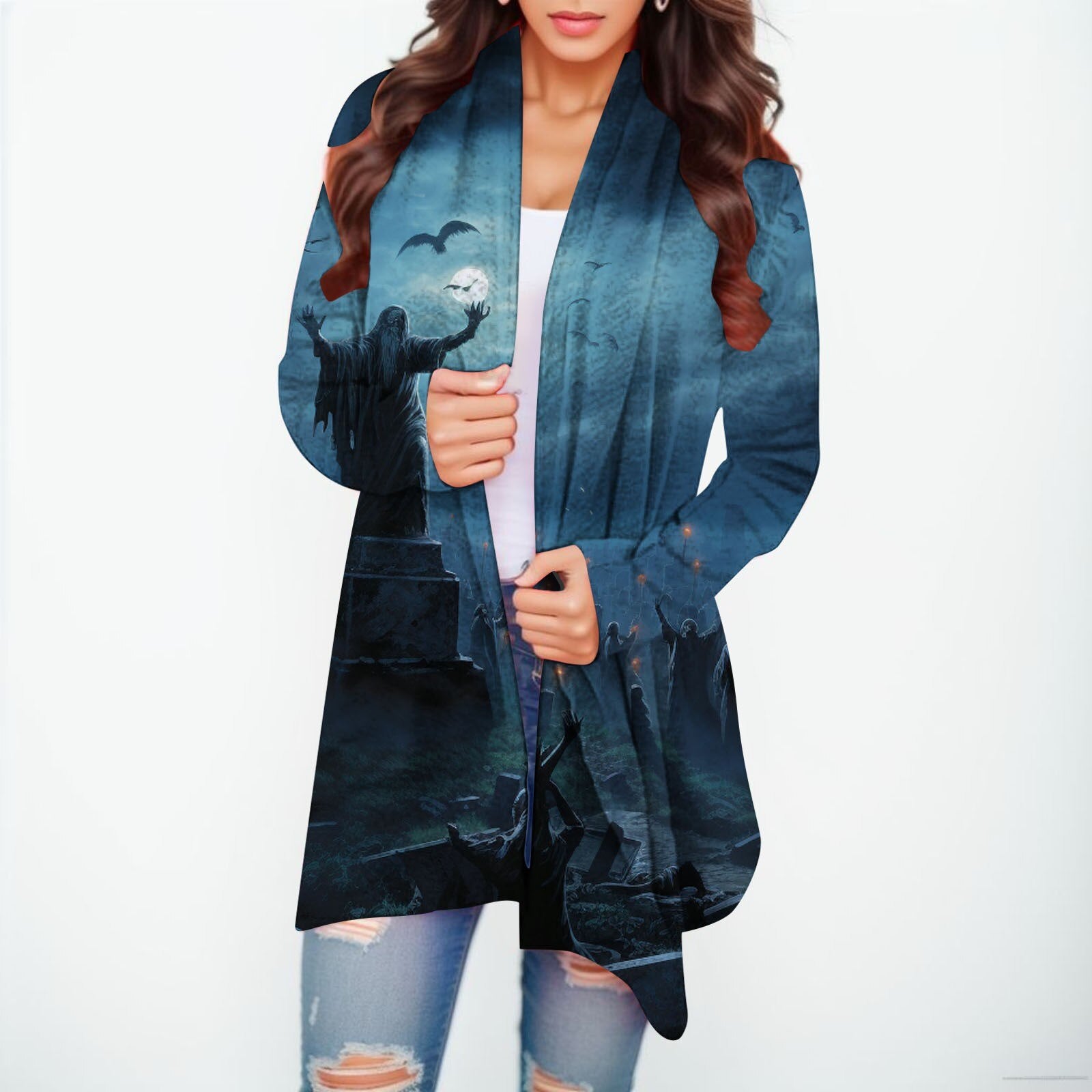 Halloween Print Women's Cardigans Witch Spider Web Fun Graphic Open Front Coat Cardigan With Pockets Fall Casual Coat Jackets E