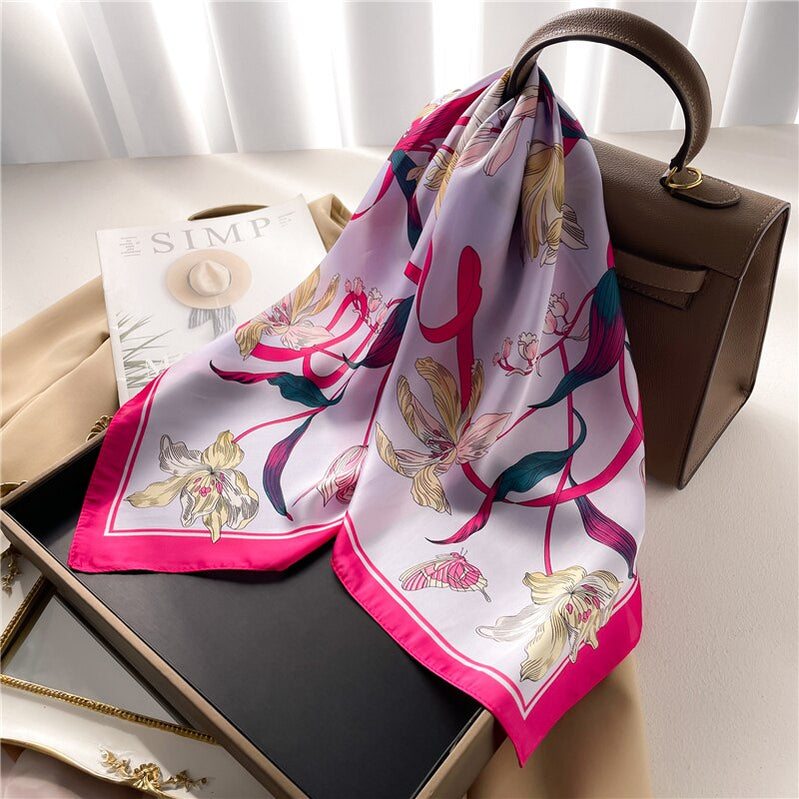 Fashion Hair Scarf for Women Decor Headband Ribbon Satin Silk Square Scarves Lady Wrist Wrap Shawls Design Bandana Foulard FJ703-3
