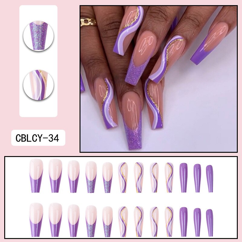Glossy Pink Wearable Nail Art Blue Rhinestone Extra Long Ballet Detachable Finished False Nails Press on Nails with Glue MT793CBLCY34