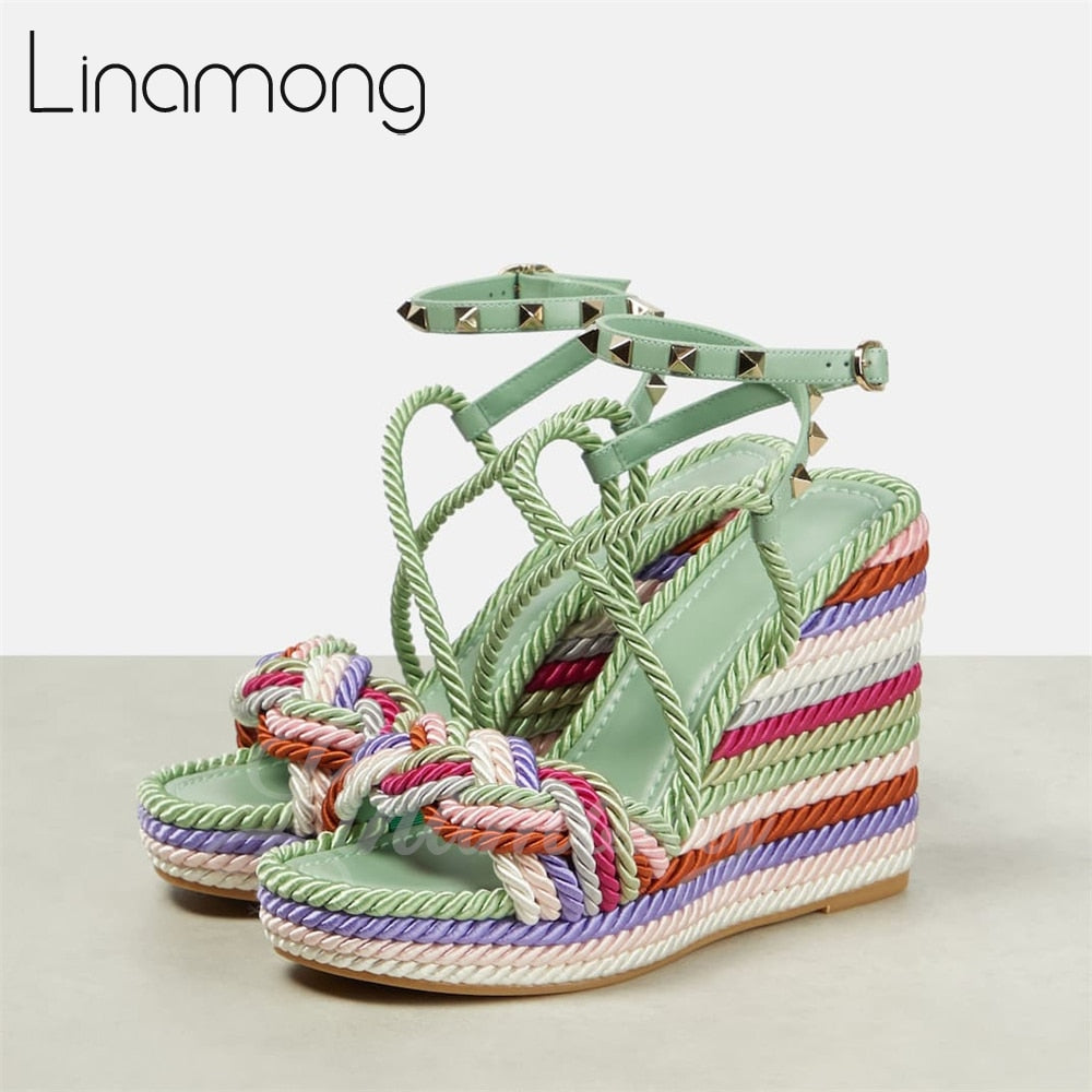 Multicolor Hemp Rope Rivet Espadrilles Strap Platform Wedge Summer Sandals for Women Designer Style Fashion Sandals New Arrival