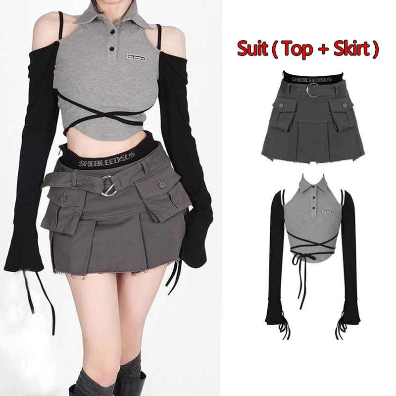 Gothic Skirt Set Polo Neck Waist Strap Off Shoulder Long Sleeve T-Shirt Pleated Denim Skirt 2 Piece Sets Women Outfits Y2k Suit