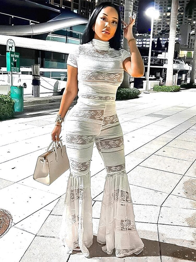 Fall Two Piece Sets Outfits Women Short Sleeve Lace Mesh Tops High Waist Pants Suits Autumn Party Club Matching Sets White