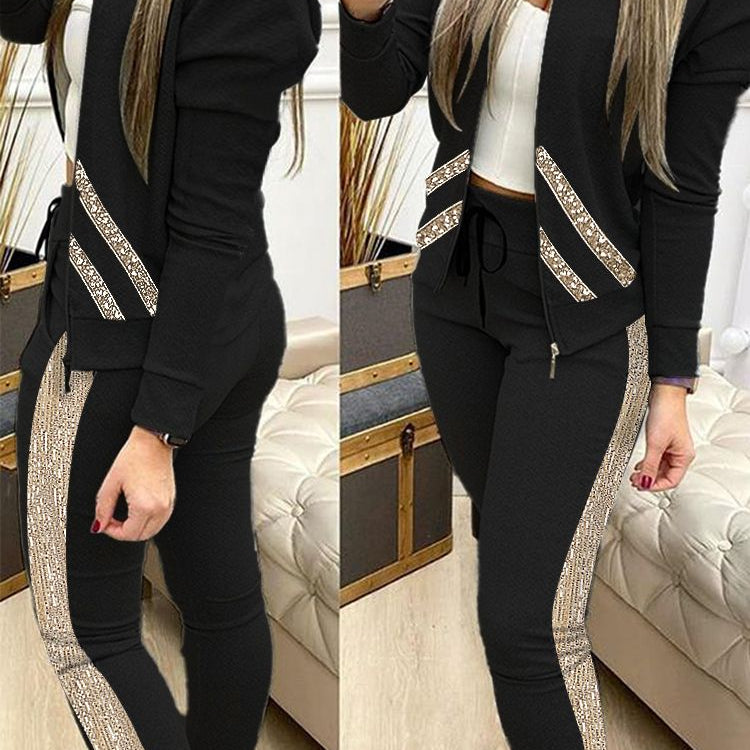 Women Two Piece Set Outfits Autumn Women's Tracksuit Zipper Top And Pants Casual Sport Suit Winter 2 Piece Woman Set Black Sequins