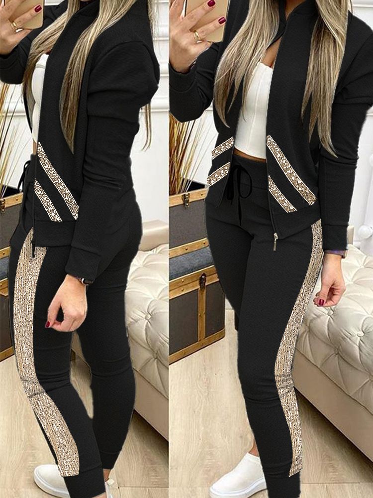 Women Two Piece Set Outfits Autumn Women's Tracksuit Zipper Top And Pants Casual Sport Suit Winter 2 Piece Woman Set Black Sequins