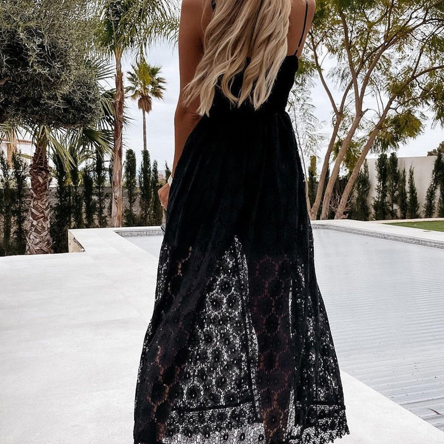 Summer V Neck Solid Color Lace Hollow-Out Sleeveless Sling Party Wear High Waist Rompers Holiday Casual White Women&#39;s Jumpsuit