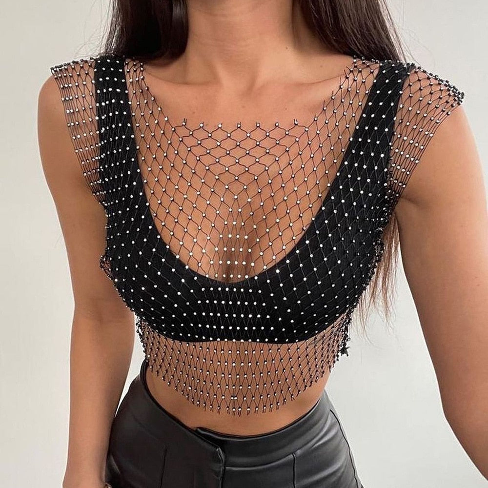 FishNet Glitter SHRESTONE CROP TOP Seksikäs ontto mesh Sheer Women Beach Y2K Camis Crystal Diamond Club Rave Party Tank Tops