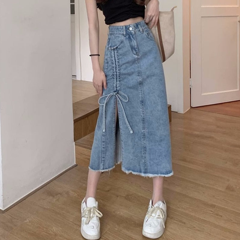S-5XL Women Denim Skirt Spring Summer 2023 Fashion Casual Medium-long Package hip Irregular hem Slim Waist Skirts Jeans Female Blue 2