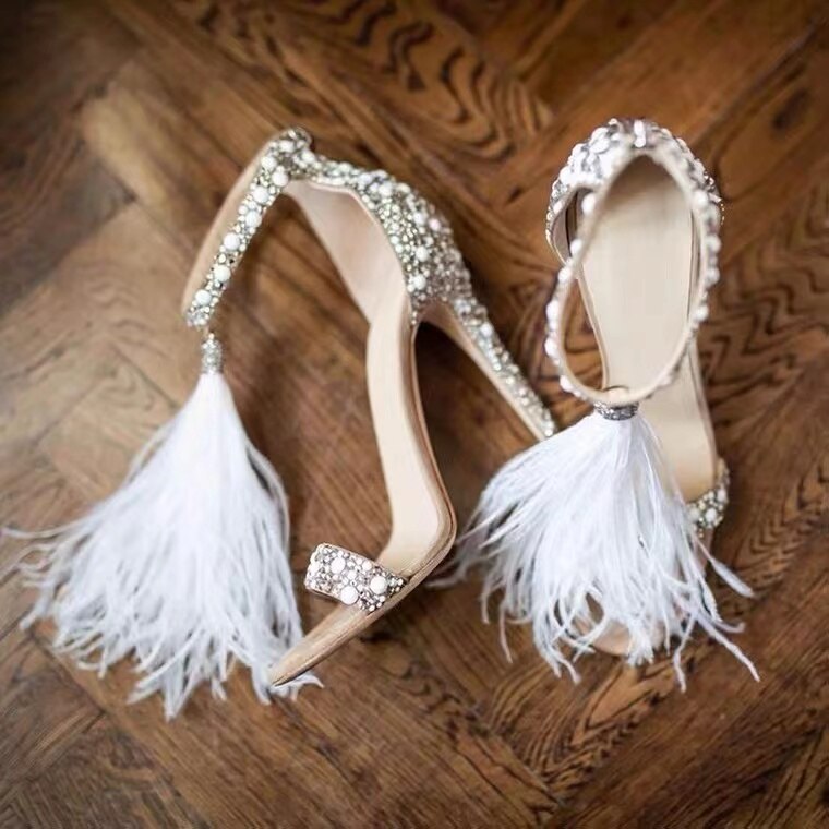 Rhinestone Feather Tassel High Heels Crystal Shoes Sandals Women&amp;#39s Stiletto Sexy Wedding Bridal Shoes Wedding Shoes Sandal