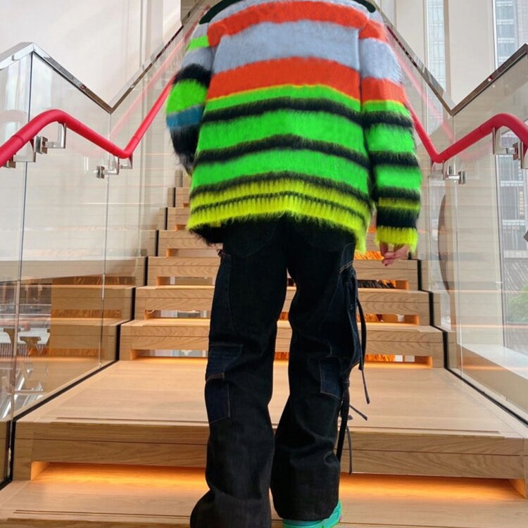 Weird Puss Cardigan Sweater Y2K Women Button Contrast Color Patchwork V-Neck Lantern Sleeve Top Street Hipster Loose Coat