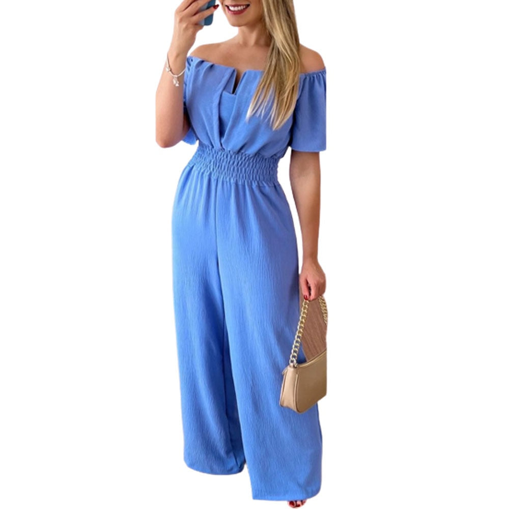 Summer Fashion Printed Wide Leg Jumpsuit Women Sexy Beach Style Off-shoulder High Waist Jumpsuit Womem Blue