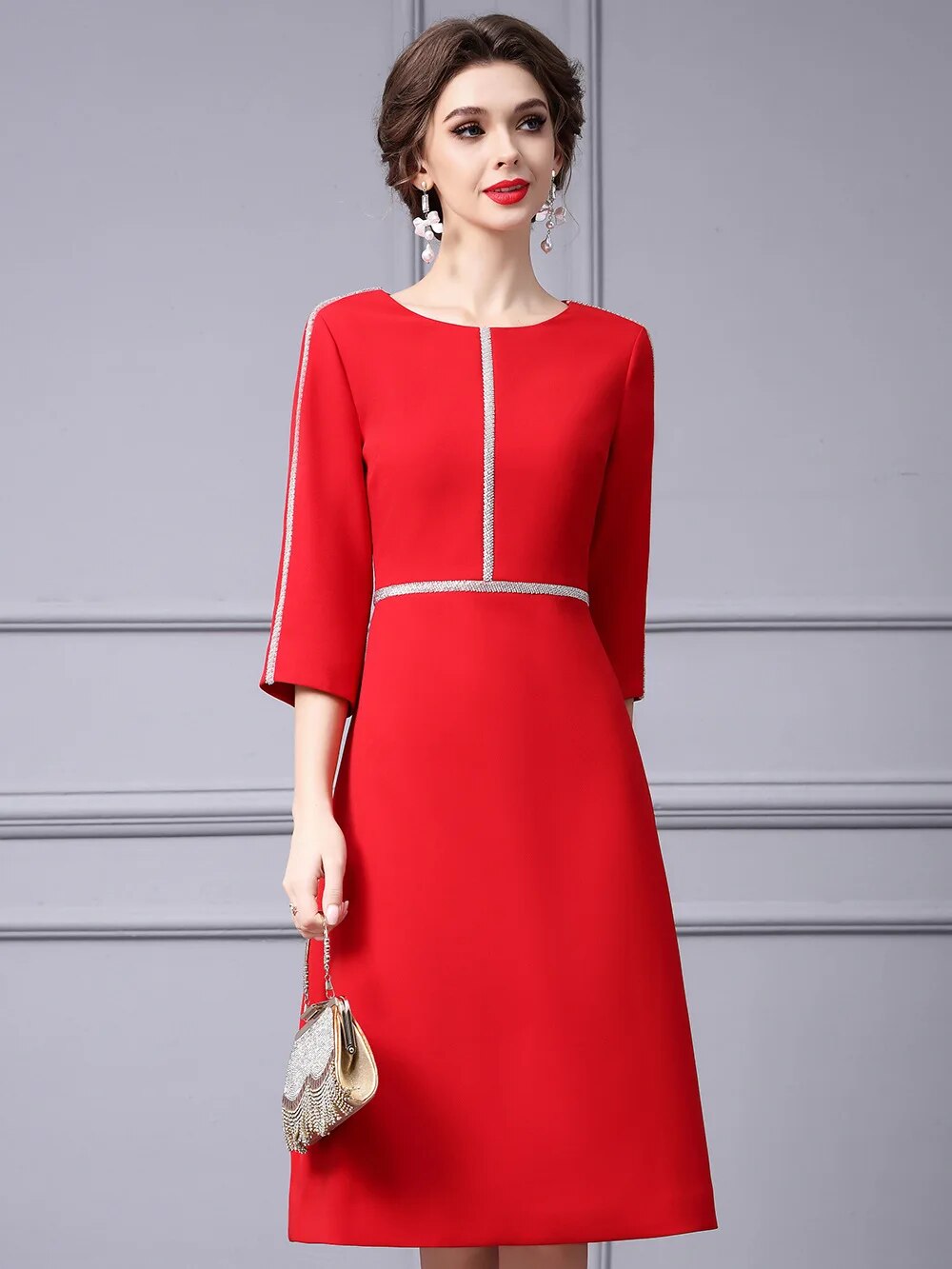 Autumn Fashion Beading Party Formal Occasion Dresses for Women Elegant Christmas Red Midi Vestidos Fiesta Aline Robe red