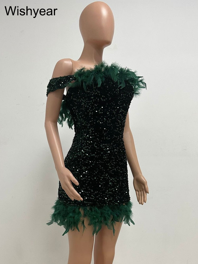 Luxury Feather Evening Mini Prom Sexy Off Shoulder Club Short Bodycon Dress Women Elegant Shiny Sequins Party Vestidos