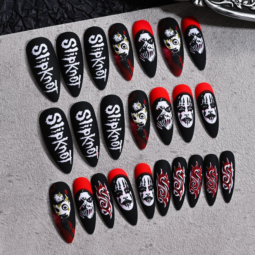 Press on Nails Halloween Medium Length Coffin Black Fake Nails Scary Mask Face Nail Tips Halloween Design 3D Glossy Acylic Nails TD146-CY390