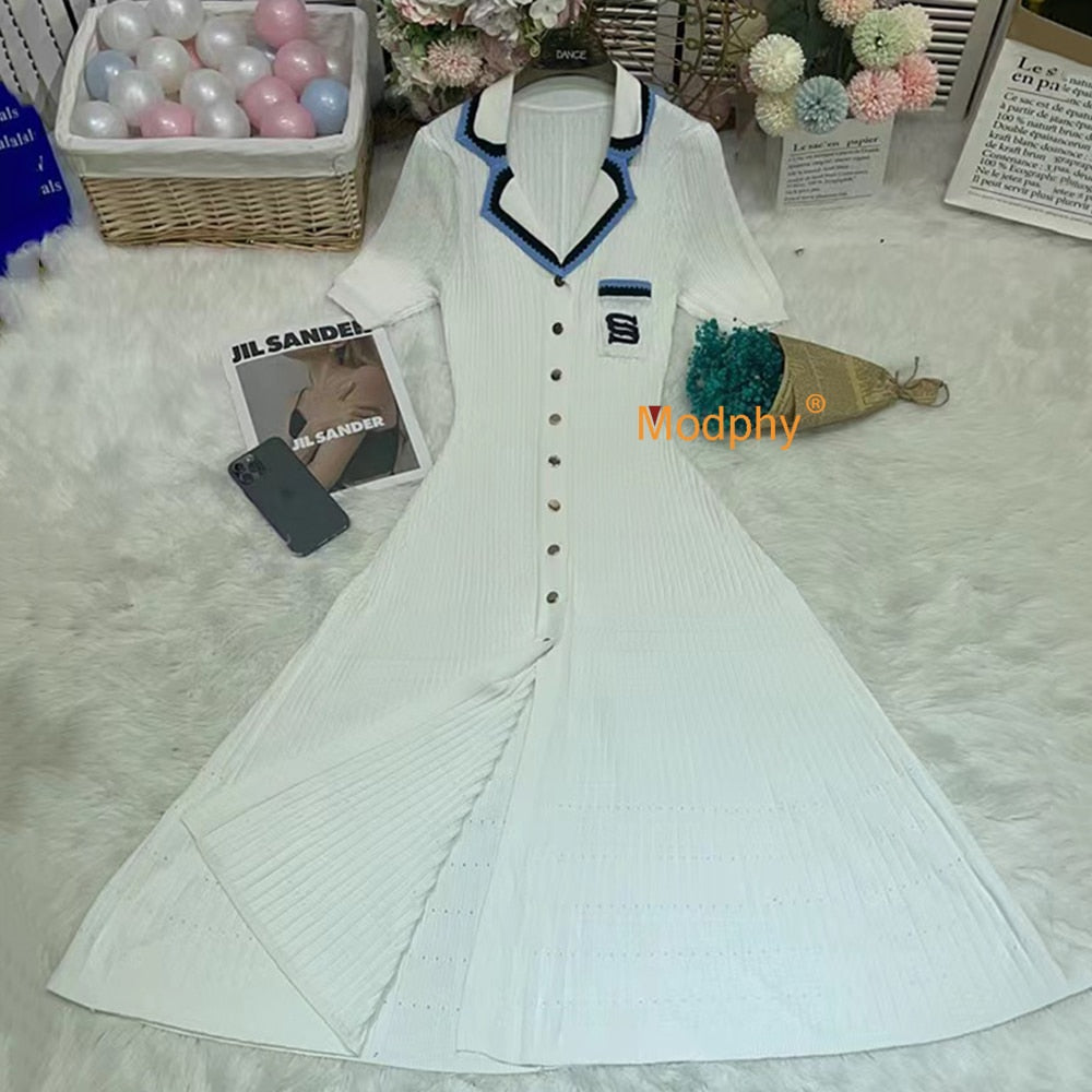 Modphy Elegant Slim Knitted Long Dress Women's Single breasted Long sleeved Designer Slim Vintage Dresses Autumn White Short Sleeve