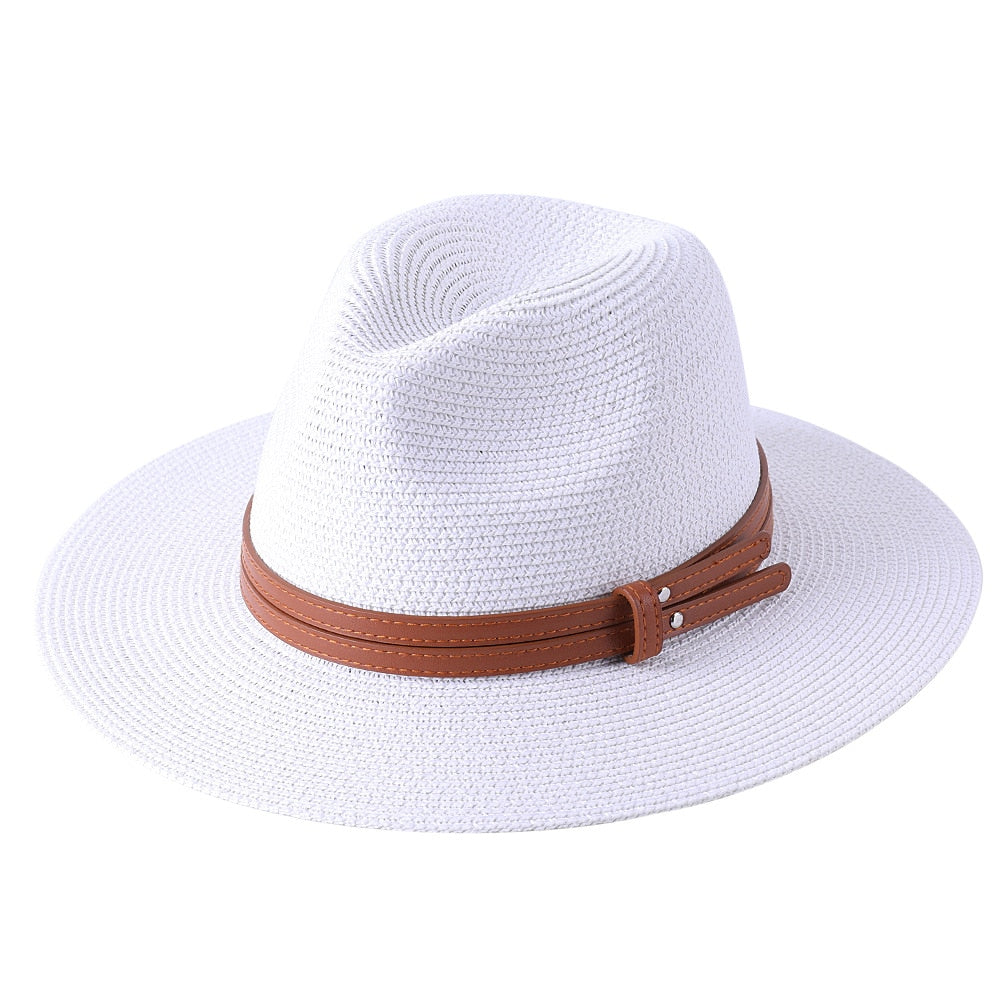 56-58-59-60CM New Natural Panama Soft Shaped Straw Hat Summer Women/Men Wide Brim Beach Sun Cap UV Protection Fedora Hat white01
