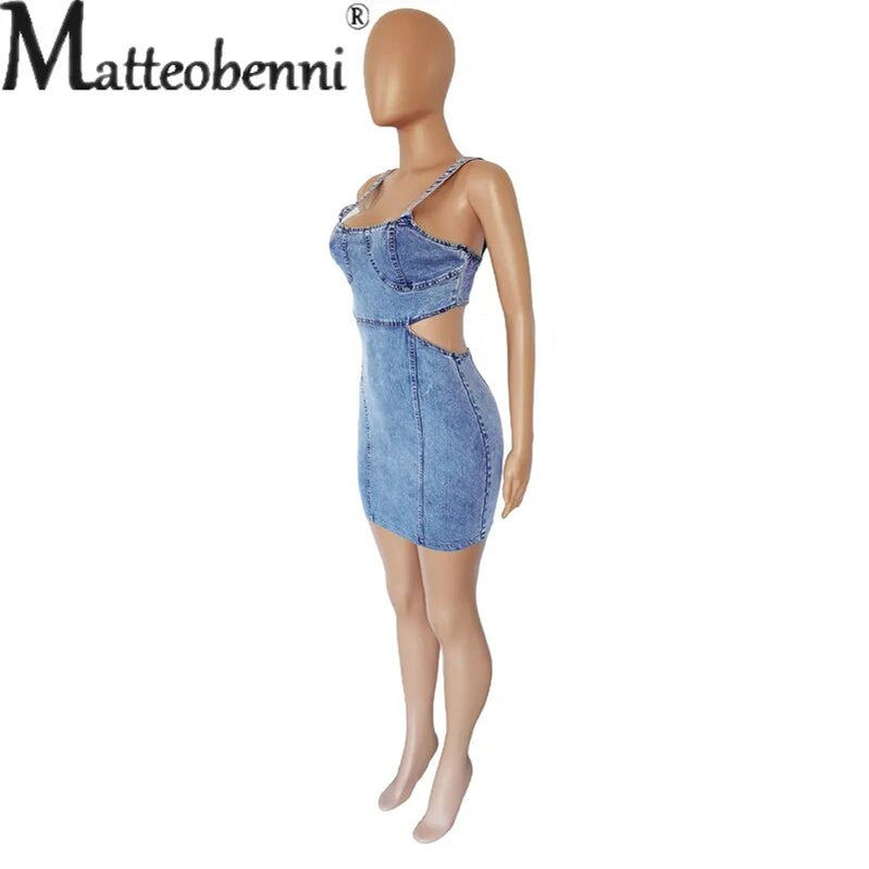 Sexy Backless Hollow Out Suspenders Denim Dress Female Fashion Casual Party Trend Streetwear Women Sleeveless Dressy Short Gown