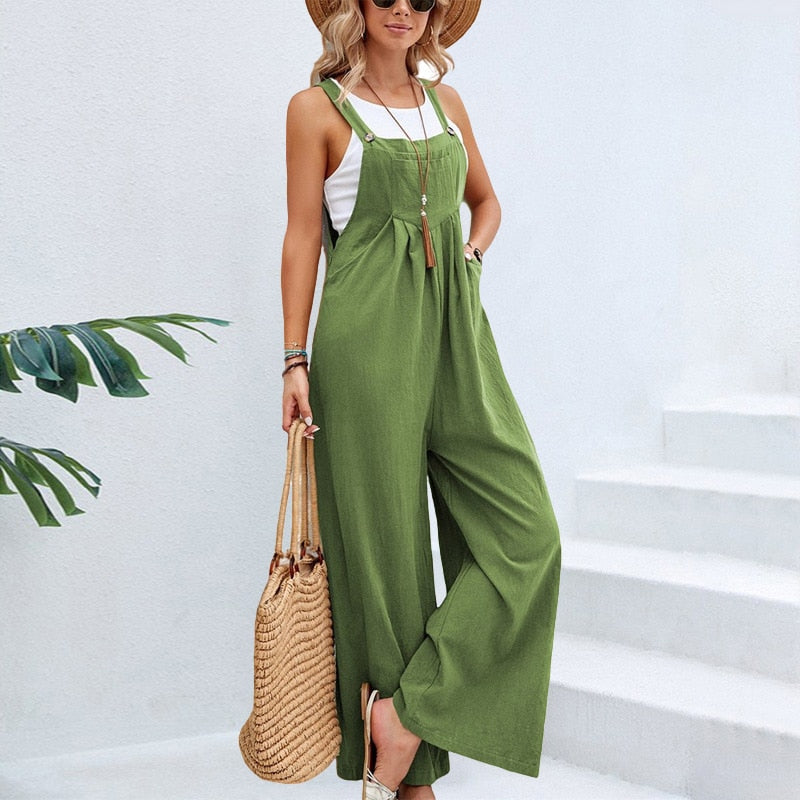 Vintage Cotton Linen Jumpsuit Women 2023 Casual Solid Button Wide Leg Suspender Pants with Pockets Summer Loose Overalls Rompers green