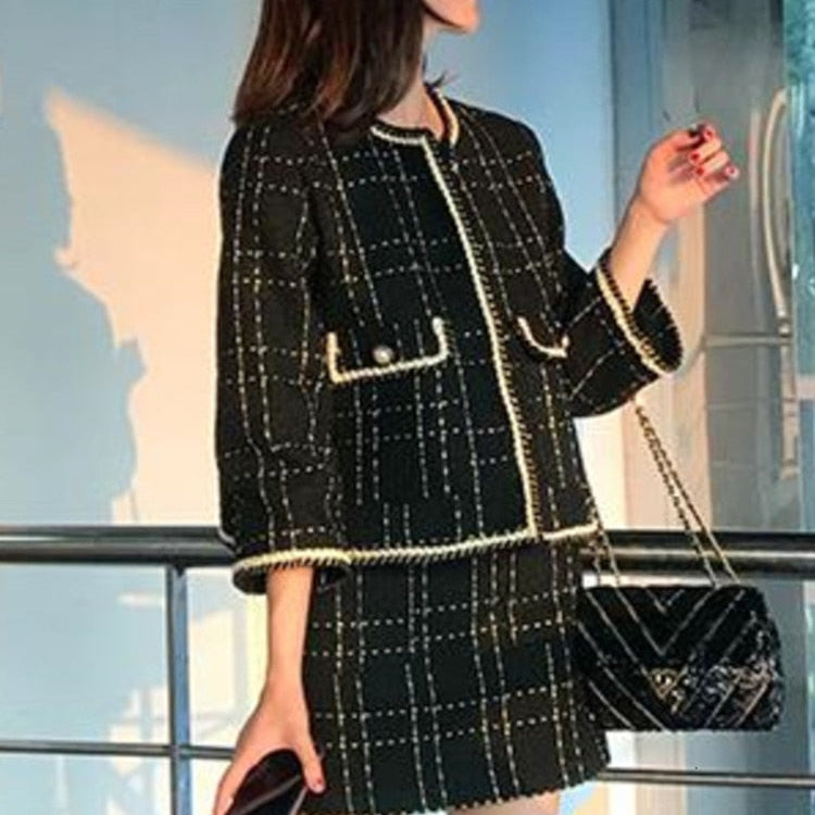 European Style Autumn Winter 2 Piece Set Women Short Woolen Tweed Jacket Coat & Bodycon Mini Skirt Set Women Two Piece Outfits
