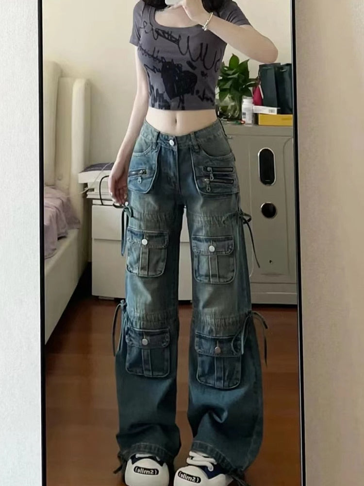 Women BF Style Y2k Streetwear Harajuku Baggy Multi-Pocket Blue Denim Cargo Pants Low Waisted Wide Leg Jeans 2000s Aesthetic Kpop Blue