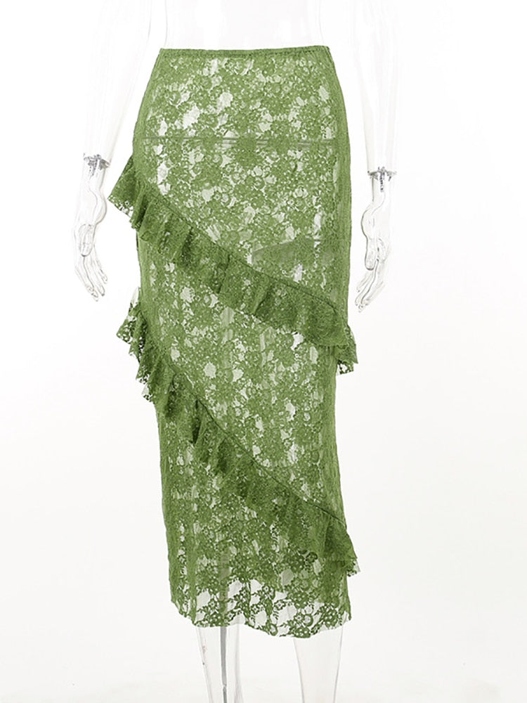 Fantoye Sexy See Through Lace Women Skirt Black High Waist Floral Y2k Skirt Femme Summer Casual Vacation Outside Streetwear 2023