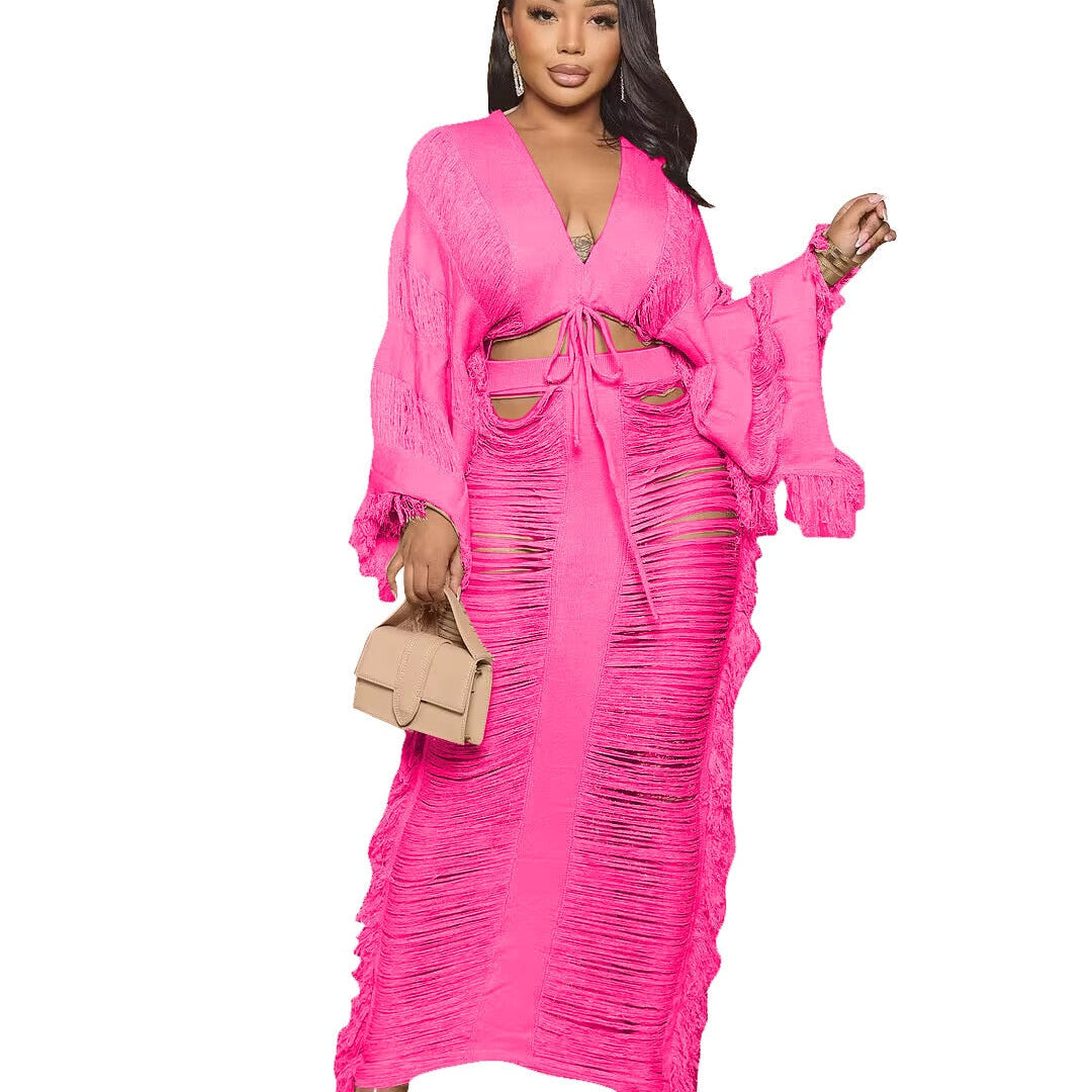 Elegant Hollow Out Hole Tassel 2 Piece Set Women Sexy Lace Up V Neck Crop Top + Long Skirts Skinny Club Party Beach Outfits 2023 fuchsia set