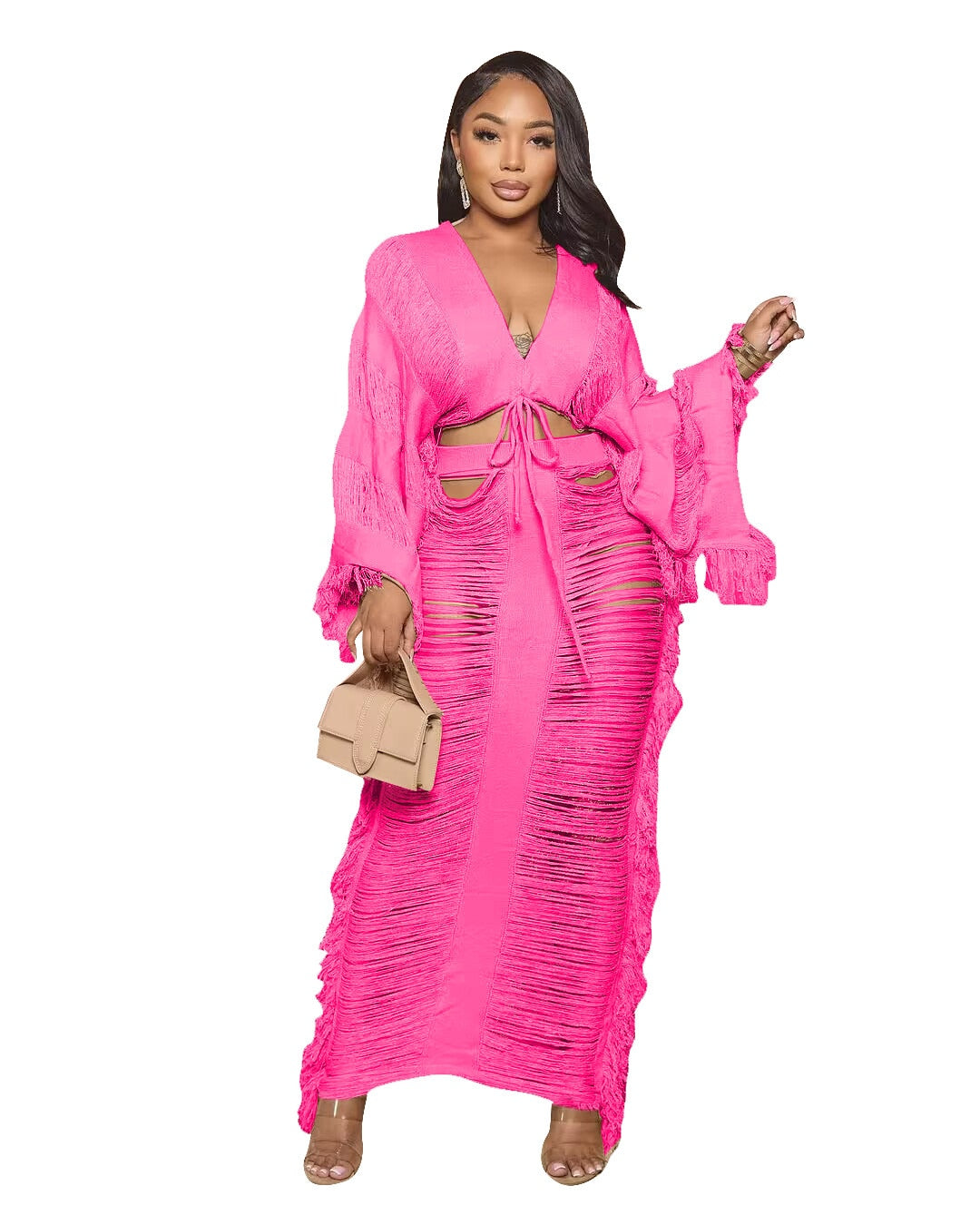 Elegant Hollow Out Hole Tassel 2 Piece Set Women Sexy Lace Up V Neck Crop Top + Long Skirts Skinny Club Party Beach Outfits 2023 fuchsia set