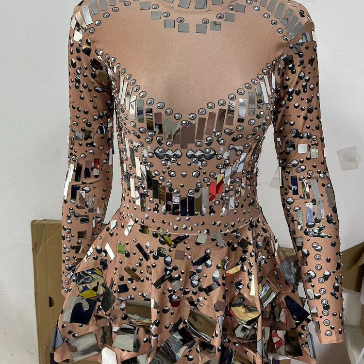 Raquel Mirror Party Dress Black Stretch Stage Dance Dress Nightclub Party Celebrate Dress Women Dancer Performance Clothes apricot