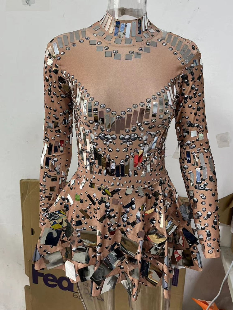 Raquel Mirror Party Dress Black Stretch Stage Dance Dress Nightclub Party Celebrate Dress Women Dancer Performance Clothes apricot