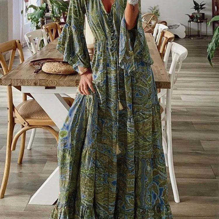 Women Vintage Print Long Dress 2023 Summer Sexy V Neck Short Sleeve A-line Dress Female Elegant Elastic Waist Maxi Dresess Robe EA08432-Green