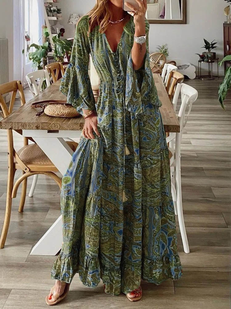 Women Vintage Print Long Dress 2023 Summer Sexy V Neck Short Sleeve A-line Dress Female Elegant Elastic Waist Maxi Dresess Robe EA08432-Green