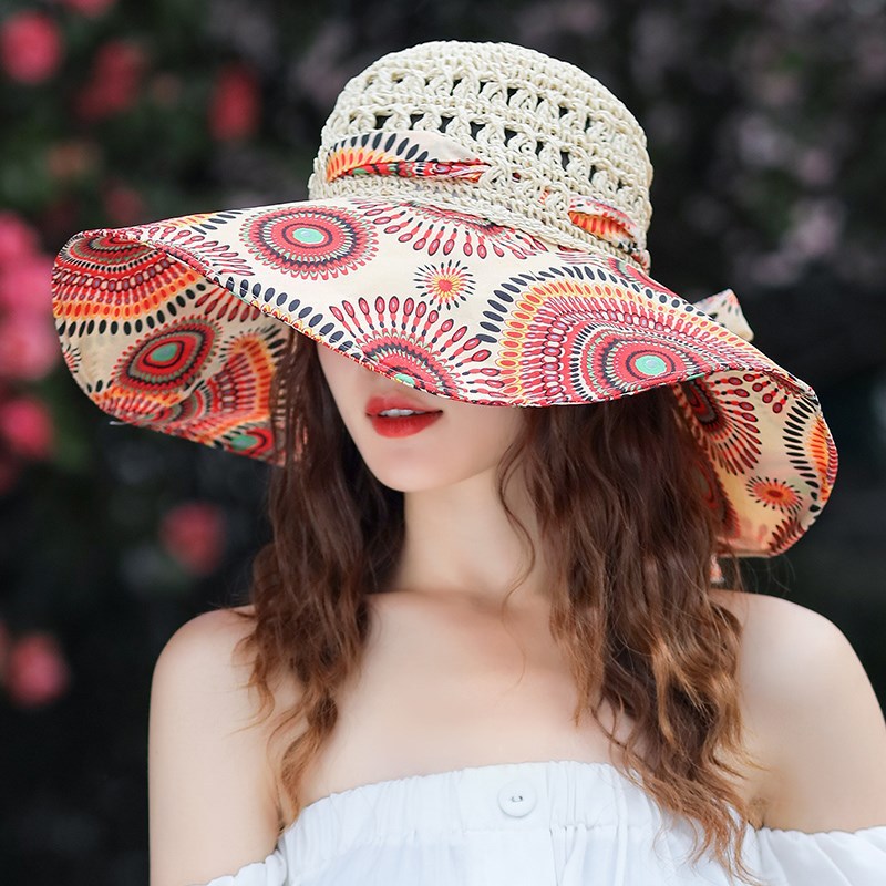 MAXSITI U Large brim sunscreen sun hat female Bohemian Beach Hat Tie Dyed breathable sunshade straw hat fisherman hat Red