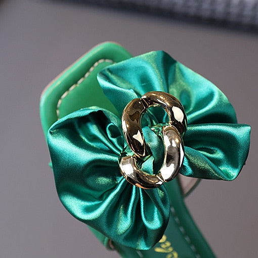 Girls Satin Bow Kids Versatile Slippers Summer New Green Simple Korean Kids Fashion Flat-bottomed Flip-flops Beach Shoes