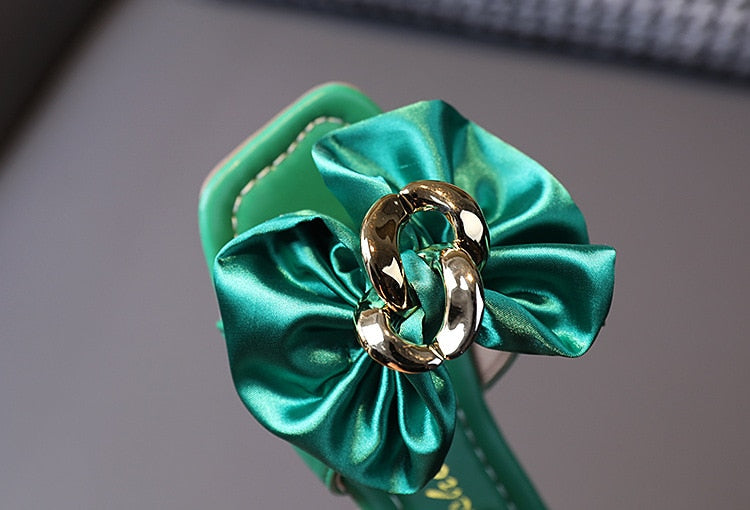 Girls Satin Bow Kids Versatile Slippers Summer New Green Simple Korean Kids Fashion Flat-bottomed Flip-flops Beach Shoes