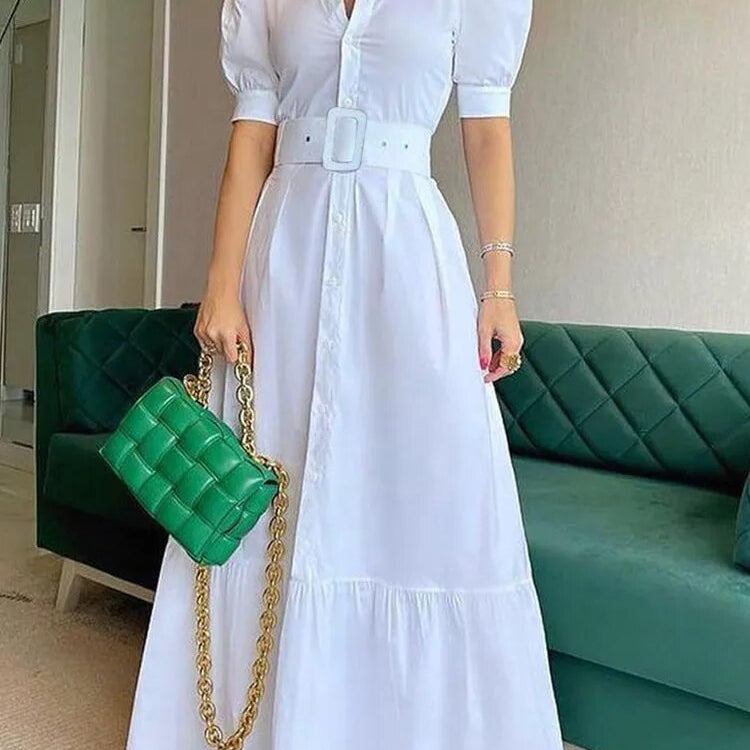 Short Sleeve Elegant Party Dresses For Women High Waist Gowns Button Design Women's Luxury Fashion Summer Clothes Chic Long