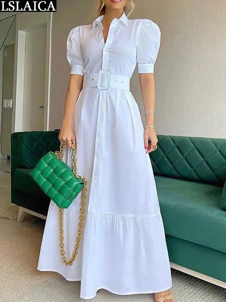 Short Sleeve Elegant Party Dresses For Women High Waist Gowns Button Design Women's Luxury Fashion Summer Clothes Chic Long