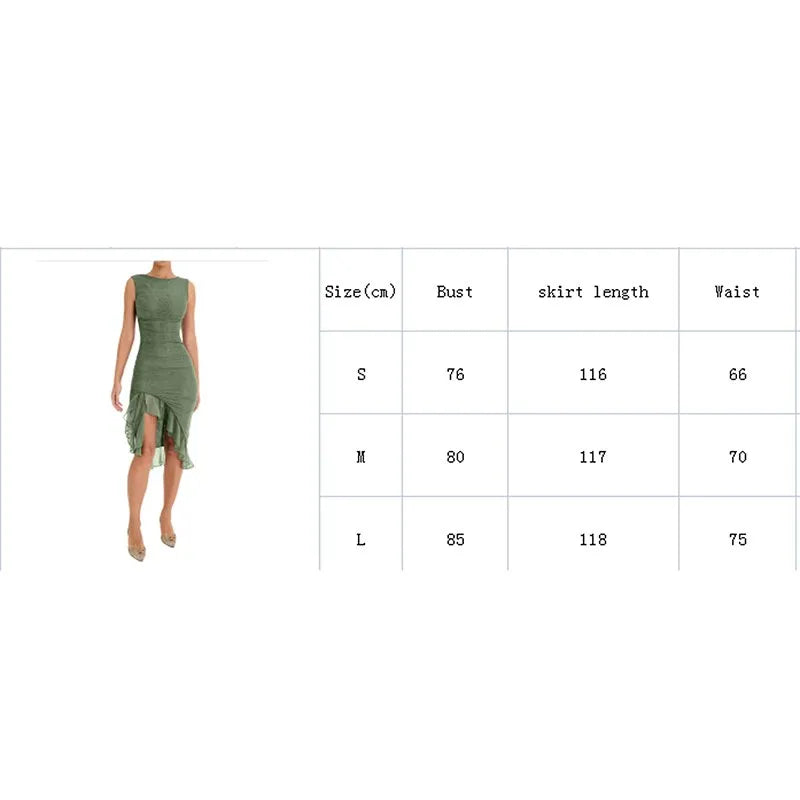 Women Sleeveless Bodycon Dress Solid Color Backless Mesh Ruffled Party Dress for Club Streetwear