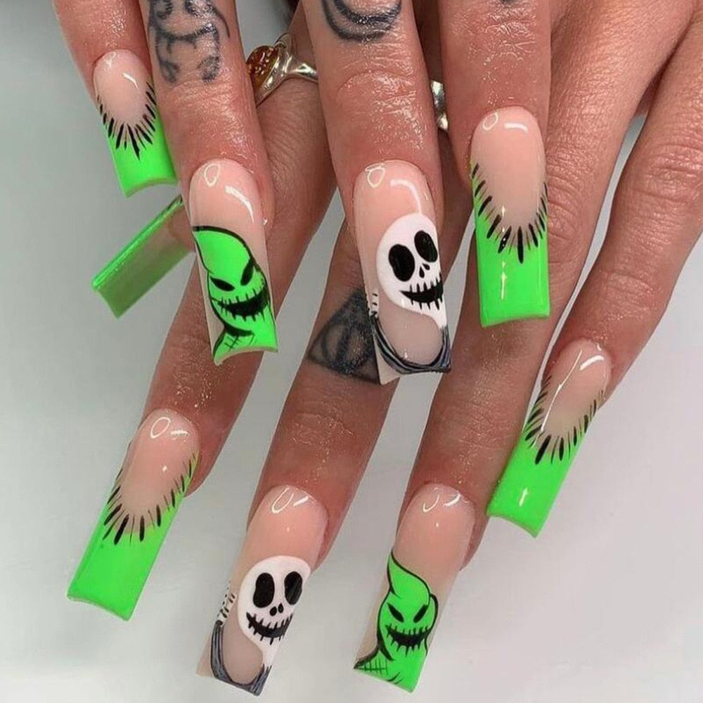 New Halloween Fake Nails Patch Black Almond/Coffin Head Artificial Nail Tips Pumpkin Spider Ghost Printed Press on Nail for Girl Spain Z2