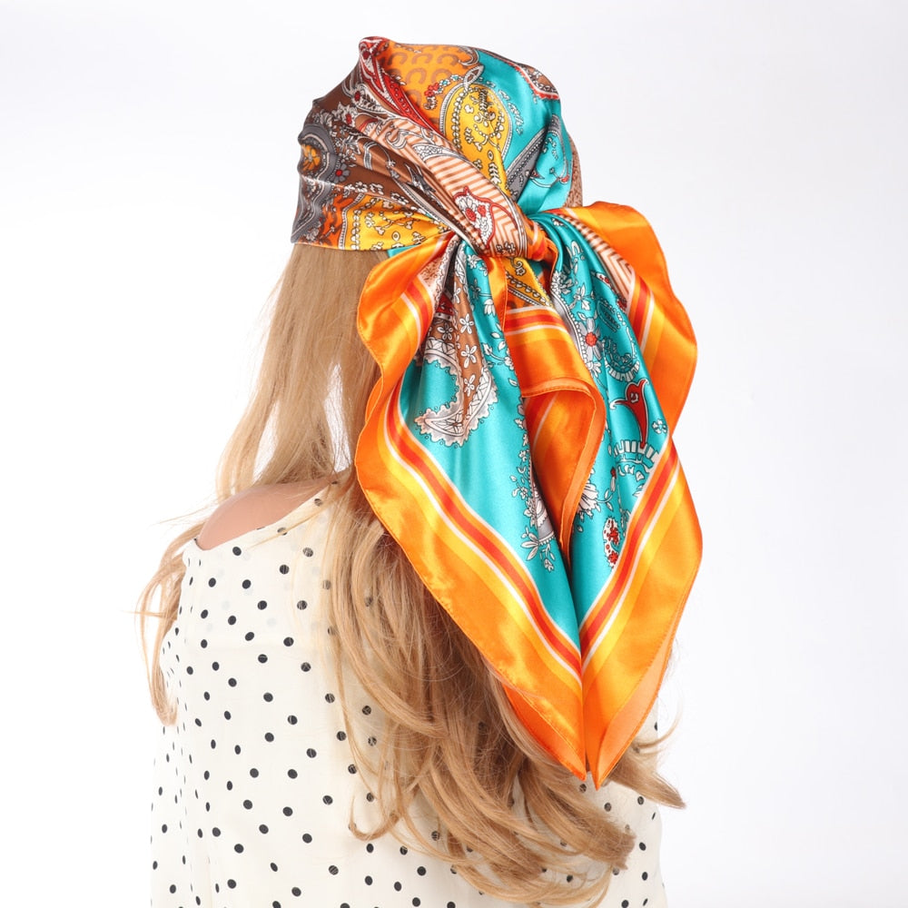 Silk Scarves Luxury Brand Spring Summer Women Head/Hair Scarf 90X90cm Fashion Hijab Bandana Cheveux Foulard Femme BK50-4 90X90CM