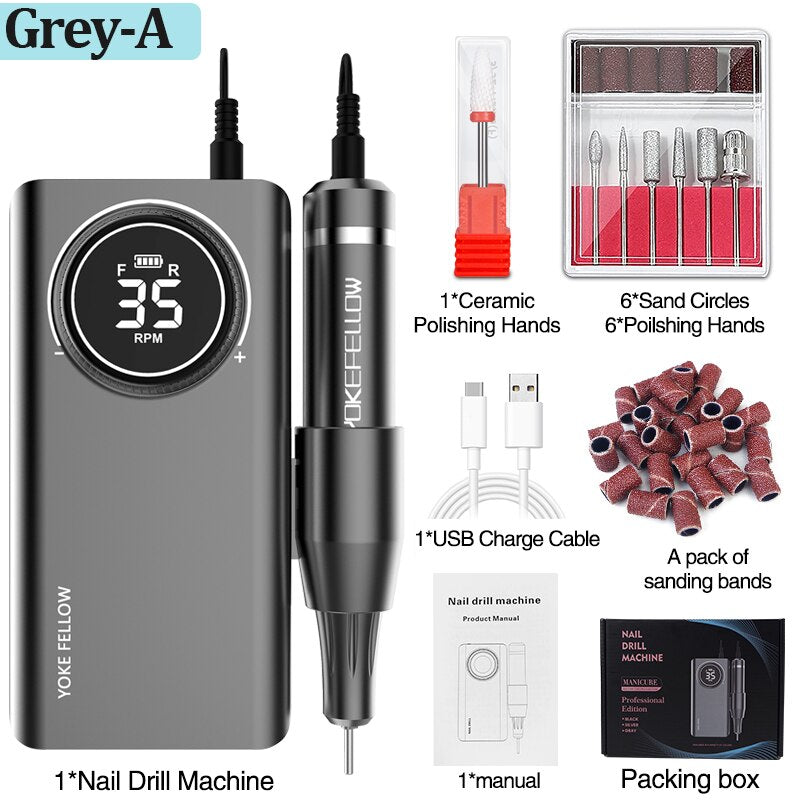Professional Nail Drill Machine Kit 35000RPM Rechargeable Portable Electric Nail File for Manicure Acrylic Gel Nails Grey