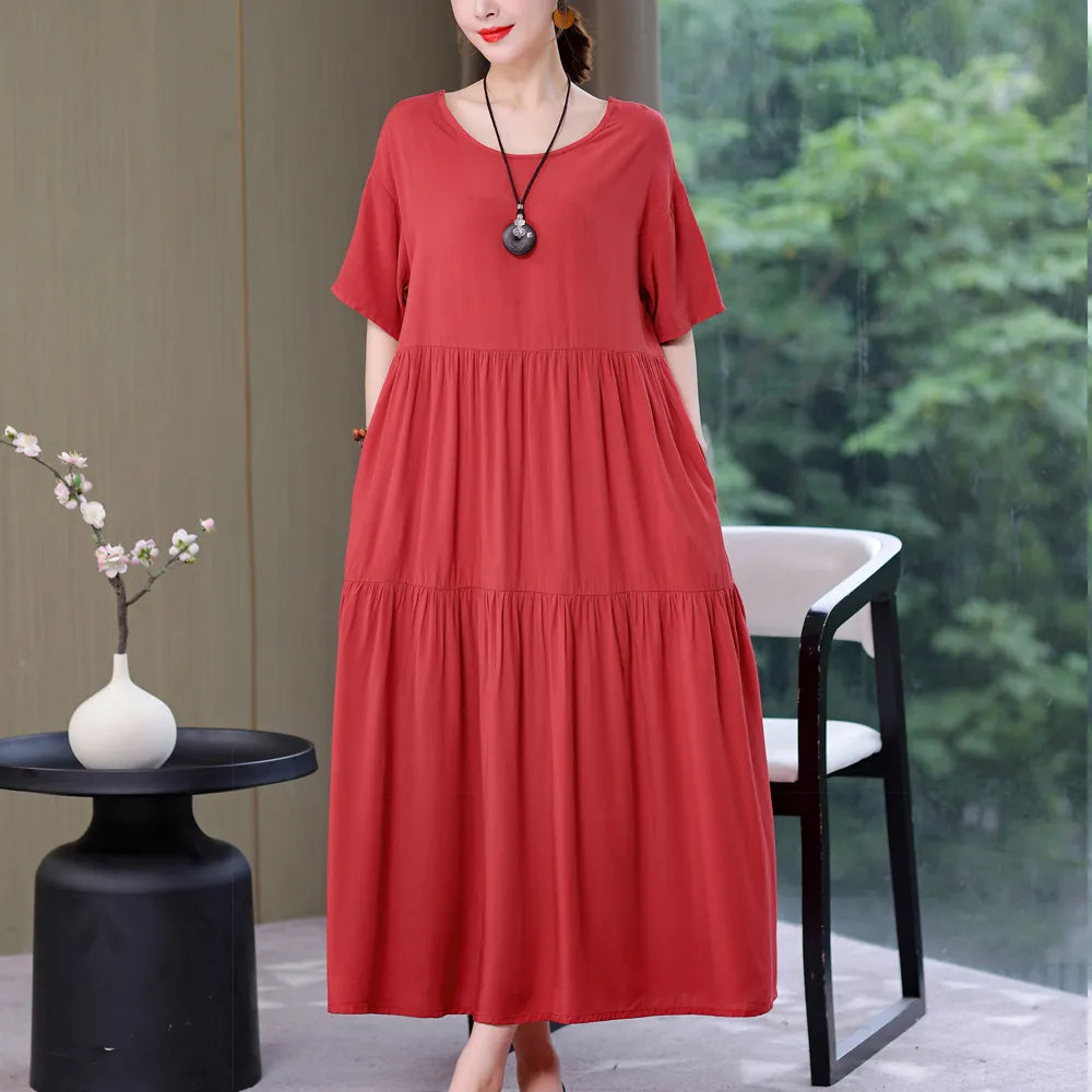 New Fashion Causal Summer Dresses For Women Loose Solid Long O-neck Dress Vintage Short Sleeve Womens Clothing Coral Red