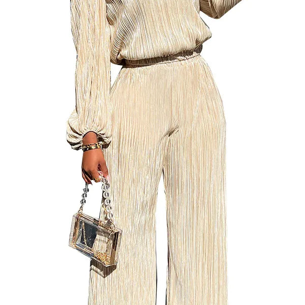 High Elasticity Two Piece Set for Women Long Sleeve O neck Tops Women's Tracksuit Female Casuals Home Loose Wide Leg Pant Sets Apricot