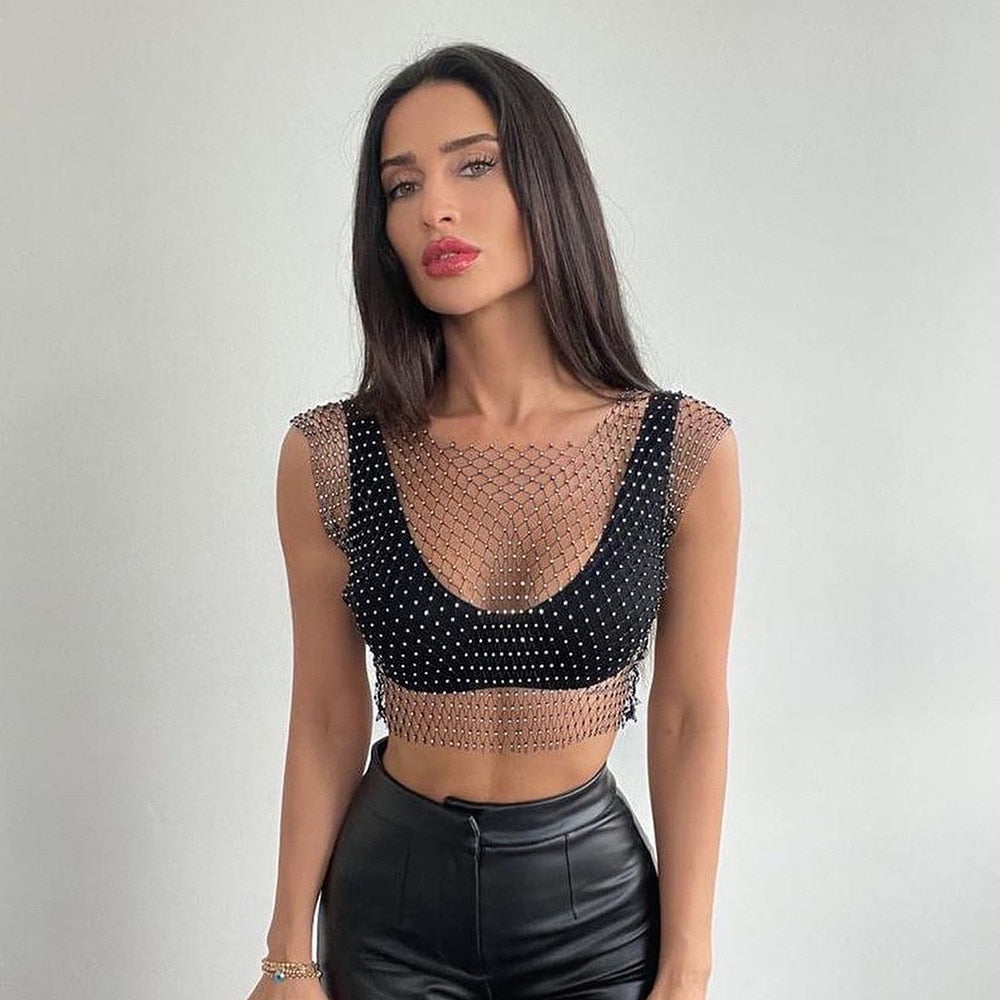 Fishnet Glitter Rhinestone Crop Top Sexy Hollow Out Mesh Sheer Women Beach Y2K Camis Crystal Diamond Club Rave Party Tank Tops