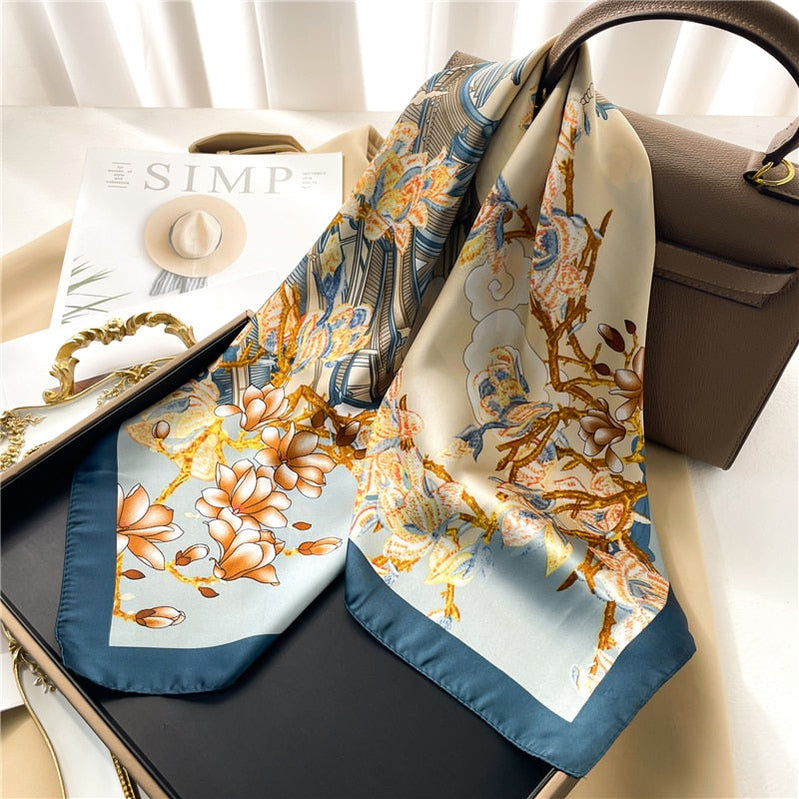 Luxury Print Satin Silk Square Scarf for Women Shawl Hijab Neckerchief Female Hair Ribbon Headband Fashion Wrap Bandana New